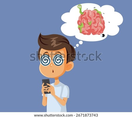 
Kid Suffering from Brain Rot Scrolling Phone Vector Cartoon. Hypnotized boy experiencing side effects on doom scrolling on social media 