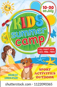 Kid Summer Camp Template, Kid fest Invitation, Holiday Flyer, vector background