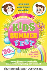 Kid Summer Fest Invitation, Colorful Vector Background