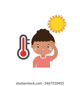 kid with summer Heatstroke, cute cartoon character flat style vector illustration on white background