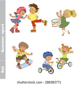 Kid summer sport set. Children outdoor games. Baby summer sport. Boy and girl skating on roller skates. Boy and girl ride a bike. Skateboarding. One baby boy skater on skate. Girl turns the Hoop.