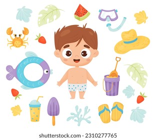 Kid summer time. Happy boy beachgoer with beach accessories, rubber circle, ice cream, cocktail, watermelon, sand bucket, straw hat, crab and shells. Isolated vector illustration in cartoon style svg