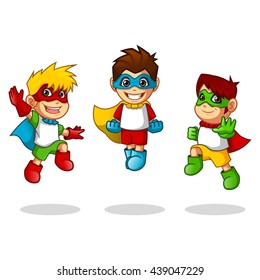 Kid Super Heroes With Jumping Flying Pose Cartoon Character Vector Illustration