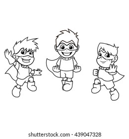 Kid Super Heroes with Jumping Flying Pose Cartoon Character Outline Version Vector Illustration