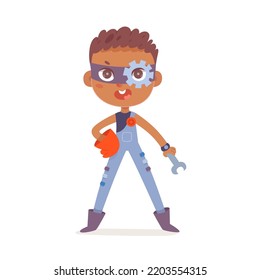 Kid Superhero Character In Funny Technician Costume Of Fantasy Repair Service Vector Illustration. Cartoon Isolated Happy Cute Boy In Mask Holding Mechanic Tool, Child Working With Superpower