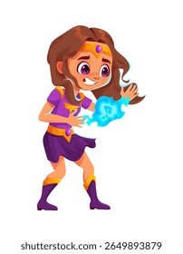Kid superhero character, girl in super hero costume with magic spell, cartoon vector. Superhero kid with magic energy power or superpower glow for comic child character or superhuman with plasma blast