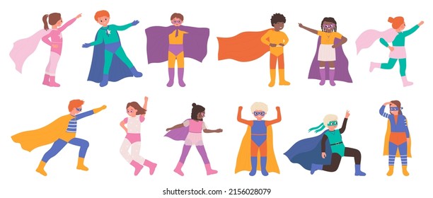 Kid superhero characters set vector illustration. Cartoon little child wearing colorful carnival costume of super man, cute girl and boy in capes and masks isolated on white. Childhood, game concept