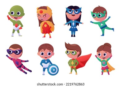 Kid Superhero, Girl Child Fly. Little Brave Super Hero In Carnival Costume, Strong Boy. Heroic Comic Party. Justice Fighters. Characters In Active Poses. Vector Design Recent Illustration