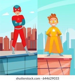 Kid superhero vertical banners with boy and girl on building roof on city background isolated vector illustration