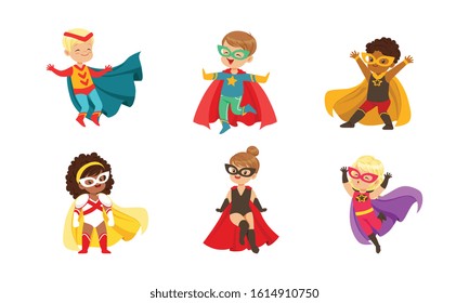 Kid Superheroes Collection, Cute Happy Boys and Girls Wearing Superhero Costumes and Masks Vector Illustration