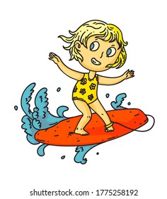 Kid Surfing. Isolated Child Girl Surfing On Surf Board On Sea Or Ocean Wave. Vector Kid Person Cartoon Character Standing On Surfboard Icon. Summer Vacation Sport Drawing