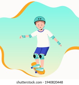 Kid surfing with skateboard or surf skate at ramp track, outdoor Park  or skate park. Playing funny activities. Surf balance training. Kid wearing helmet and kneepads jumping on skateboard