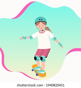 Kid surfing with skateboard or surf skate at ramp track, outdoor Park  or skate park. Playing funny activities. Surf balance training. Kid wearing helmet and kneepads jumping on skateboard