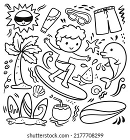 Kid Surfing, Summer Theme Doodle Collection, Vector Clip Art