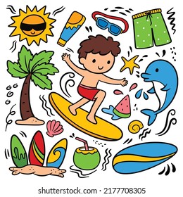 Kid Surfing, Summer Theme Doodle Collection, Vector Clip Art