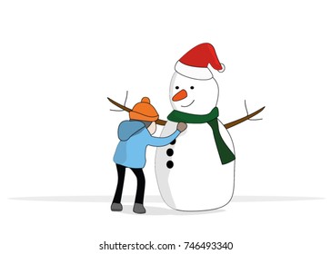 kid in sweater making snowman vector winter concept