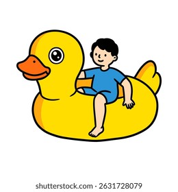 kid swimming with an inflatable duck ring doodle illustration	
