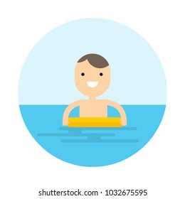 kid in swimming pool with  inflatable circle. icon flat design vector illustration. white isolate background