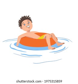Kid swimming in pool at outdoor party. Boy diving into water to swim on vacation day. Summer resort beach scene vector illustration. Happy active child having fun on holiday on floating ring