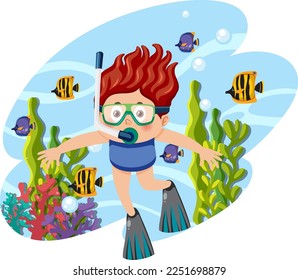 Kid swimming snorkeling underwater illustration