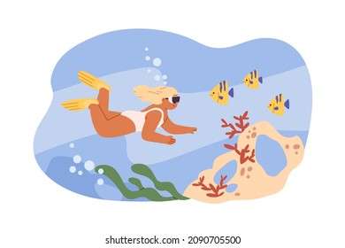 Kid swimming underwater. Happy child under sea water with coral reef and fishes. Girl swimmer in goggles exploring undersea on summer holidays. Flat vector illustration isolated on white background