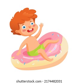 Kid swimming vector illustration. Summer vacation. Child playing, childhood entertainment, leisure. Little boy with donut swimming ring. Water activities isolated on white background.