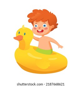 Kid swimming vector illustration. Summer vacation. Children playing, childhood entertainment, leisure. Little boy with duck swimming ring. Water activities isolated on white background.