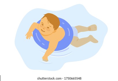 The kid swims with a blue rubber ring. Vector illustration.