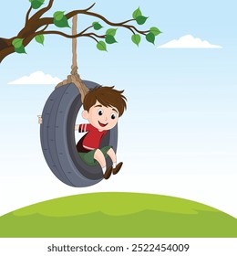 Niño que se balancea en el neumático de goma en la Ilustración vectorial del patio