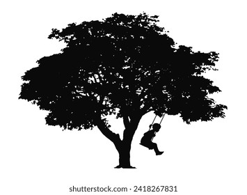 Kid swinging silhouette, little girl on swing on tree silhouette on white