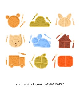 Kid tableware collection. Set of wooden plate, fork, spoon for child. Kids eco-friendly utensils. Baby nutrition and feeding lifestyle concept. Isolated vector illustration in cartoon style