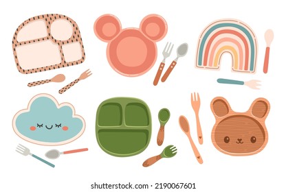 Kid tableware set children dish flat design vector