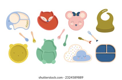Kid tableware set children dish flat design vector. Baby silicone tableware set. Set of children's bowls, plates and bib. Baby tableware. Nutrition and feeding concept.