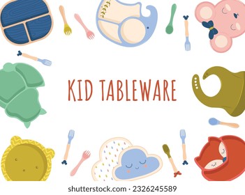 Kid tableware set children dish flat design vector. Baby silicone tableware set. Set of children's bowls, plates and bib. Baby tableware. Nutrition and feeding concept.