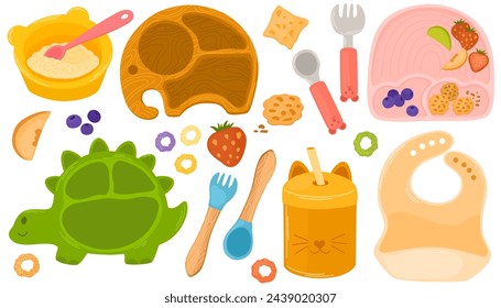 Kid tableware set. Children dish, glass of non-spill, apron, forks and spoons, bowl of porridge, cereals, fruits, cookies. Vector hand draw illustration isolated 