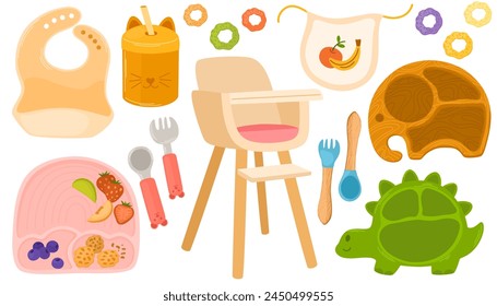 Kid tableware set. Children dish, highchair, glass of non-spill, apron, forks and spoons, cereals. Vector hand draw illustration isolated 