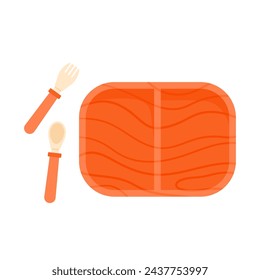 Vajilla para niños. Placa de madera, tenedor, cuchara para niño. Utensilios ecológicos para niños. Nutrición del bebé y concepto de estilo de vida de alimentación. Ilustración aislada del vector en estilo de la historieta
