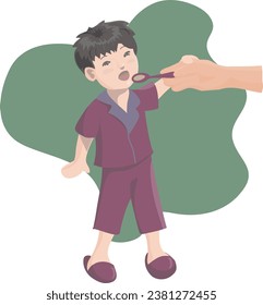 kid takes medicine at home vector illustration