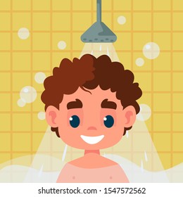 The kid takes a shower and stands under the spray of water in the bathroom on the background of the tiles. Vector illustration in cartoon style.