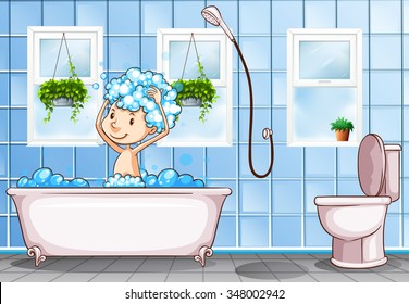 Kid taking bath in the bathroom illustration