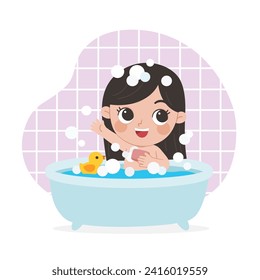 Kid taking a bath in bathtub with lot of soap lather and rubber duck.