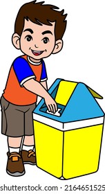 Kid Taking Out The Trash  Vector Illustration Isolated On White Background