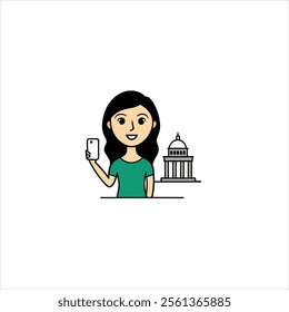 a kid taking a selfie in front of a museum