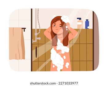 Kid taking shower, standing at bathroom cabin. Cute child washing head, body skin with soap and shampoo foam. Little girl during morning hygiene routine at bath room. Flat vector illustration