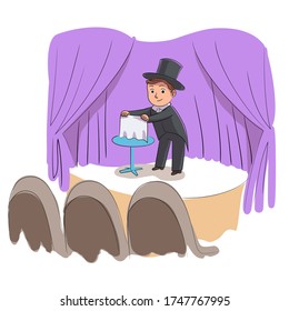 Kid talent show. Boy illusionist shows tricks or focus. Little magician performs on festival stage. Happy childhood, hobby, entertainment, child performance concept. Vector character illustration