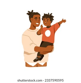 Kid talking with father. Happy excited child boy speaking with dad, laughing. Parent and toddler son, communication, relationship concept. Flat vector illustration isolated on white background