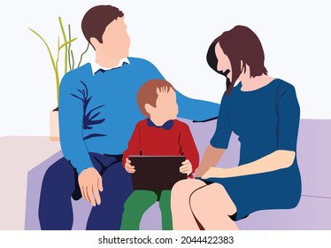 Niño hablando con sus padres en el sofá. Conversación familiar con mamá y papá y niños