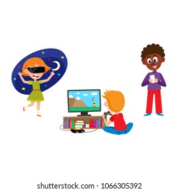 Kid With Technology Set - Children With Mobile Phone, TV Console Game And Virtual Reality Headset Isolated On White Background. Cartoon Characters With Hi-tech Gadgets And Devices, Vector Illustration