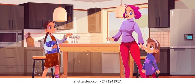 Kid and teenage girls talking with mother standing in kitchen. Cartoon vector home cuisine interior with furniture and equipment under daylight from window. Children and young woman conversation.