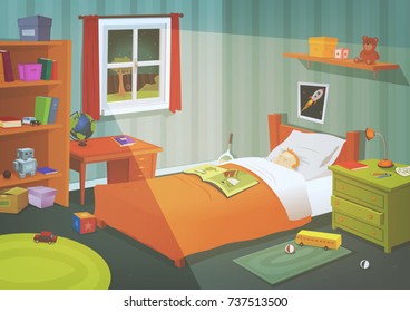 Kid Or Teenager Bedroom In The Moonlight/
Illustration of a cartoon kid bedroom with boy sleeping in the night, lifestyle elements, toys, bed, books, desk, bookshelf, and accessories in mess